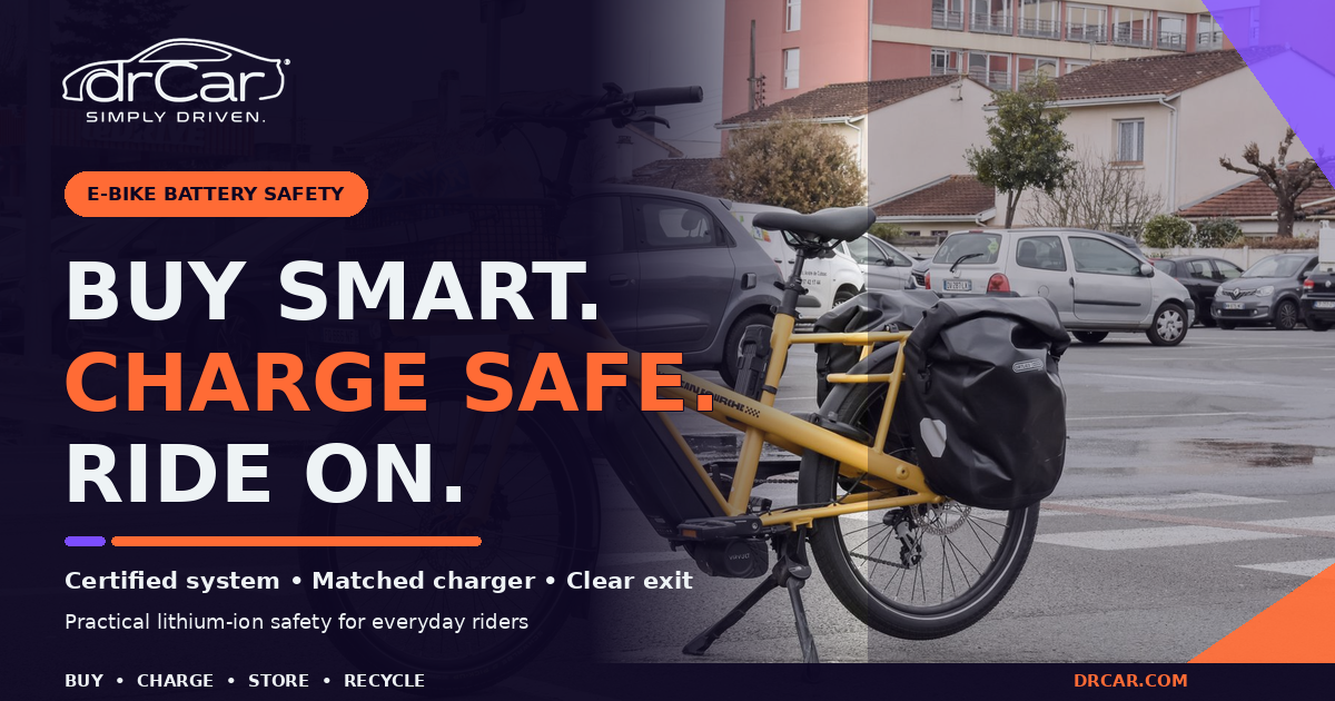 E-bike battery safety guide beside a yellow cargo e-bike