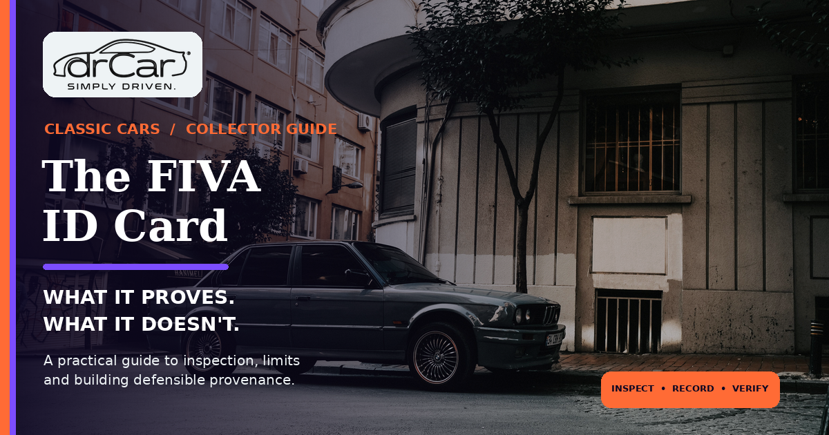 A classic car on a European city street beneath the title The FIVA ID Card