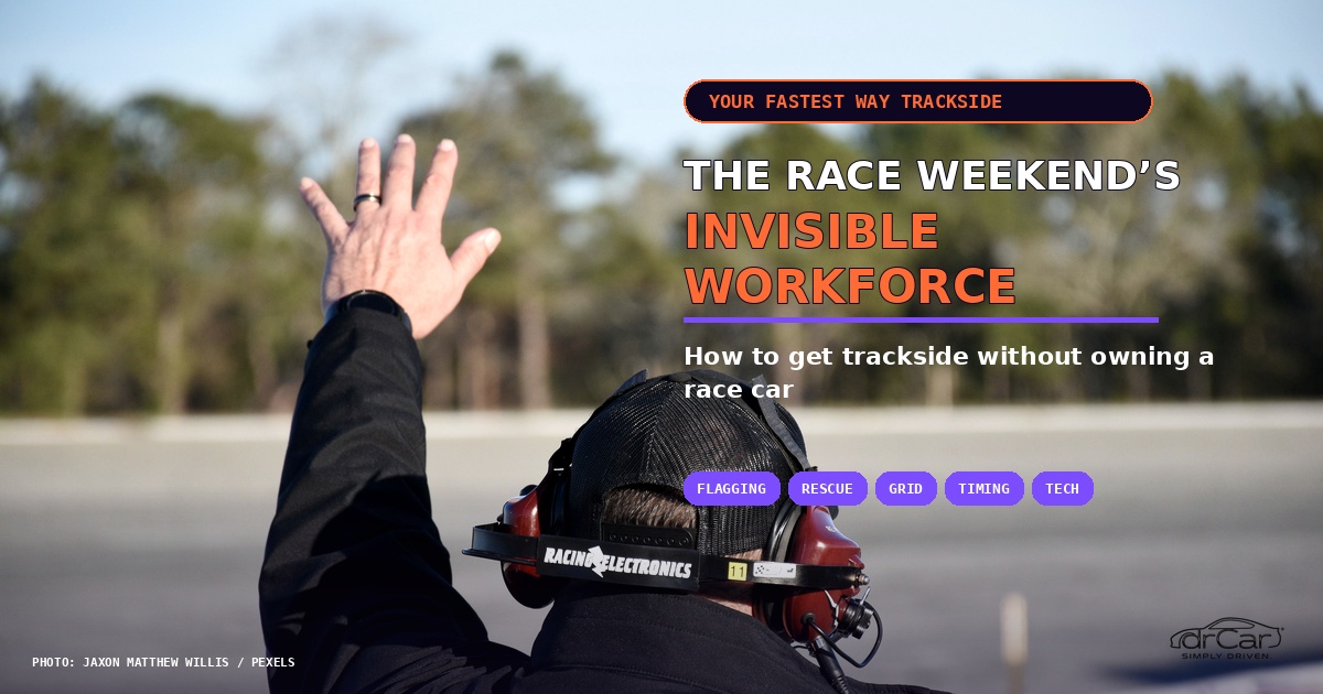 Anonymous motorsport official wearing a radio headset and signaling beside a race track, with the title The Race Weekend's Invisible Workforce