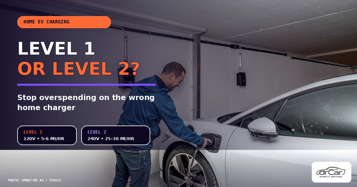 Driver connecting an electric vehicle to a home charger for a Level 1 vs Level 2 EV charging comparison
