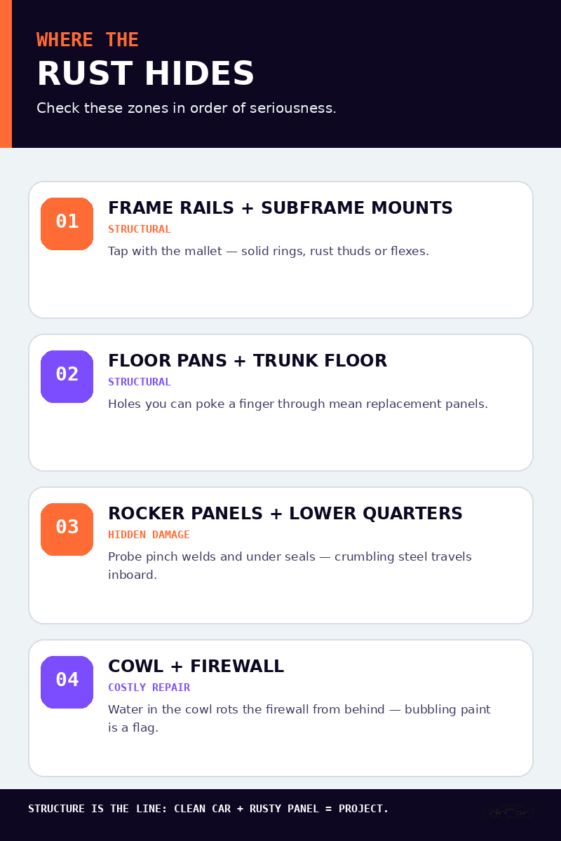 Editorial checklist graphic identifying frame rails, floor pans, rocker panels, and cowl and firewall as the four rust zones to inspect on a neglected classic