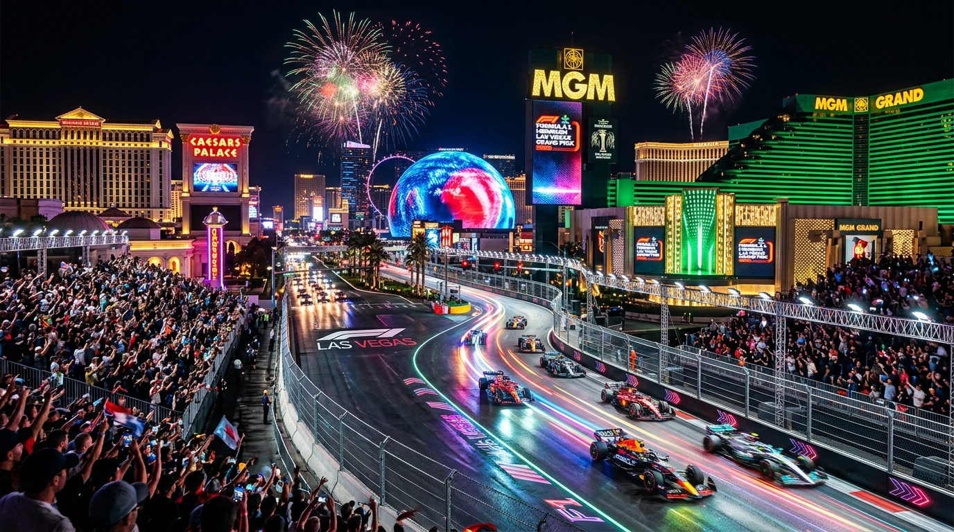 Las Vegas Strip Formula 1 Grand Prix at night — F1 cars racing past illuminated casinos with the Sphere glowing in the background